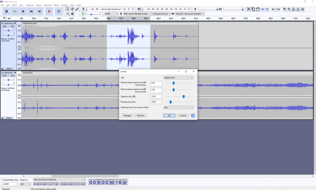 Audacity zrzut ekranu w trakcie montażu dźwięku